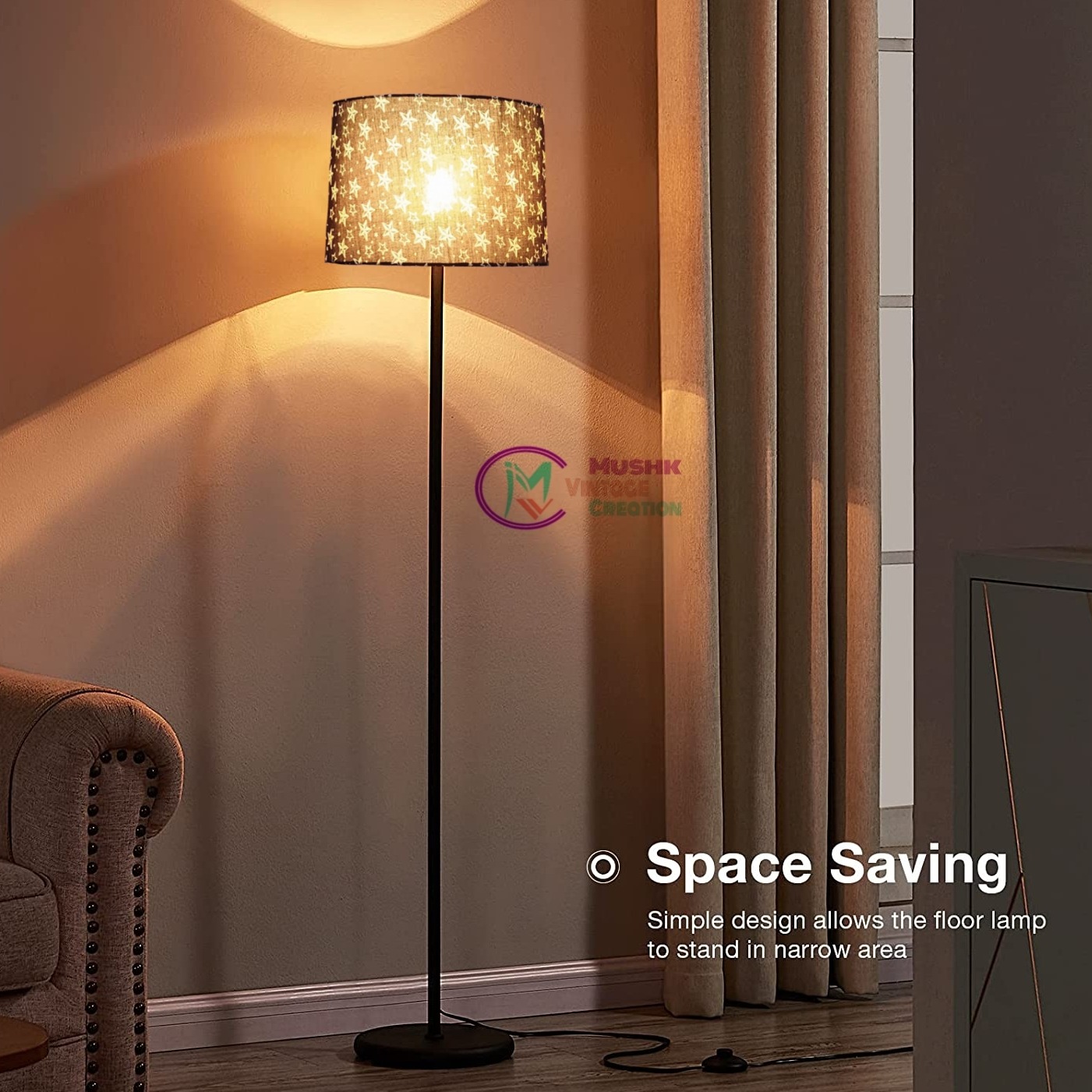 Star Drum Lamp Shade  Floor Lamp With Black And White Colour - rear_view