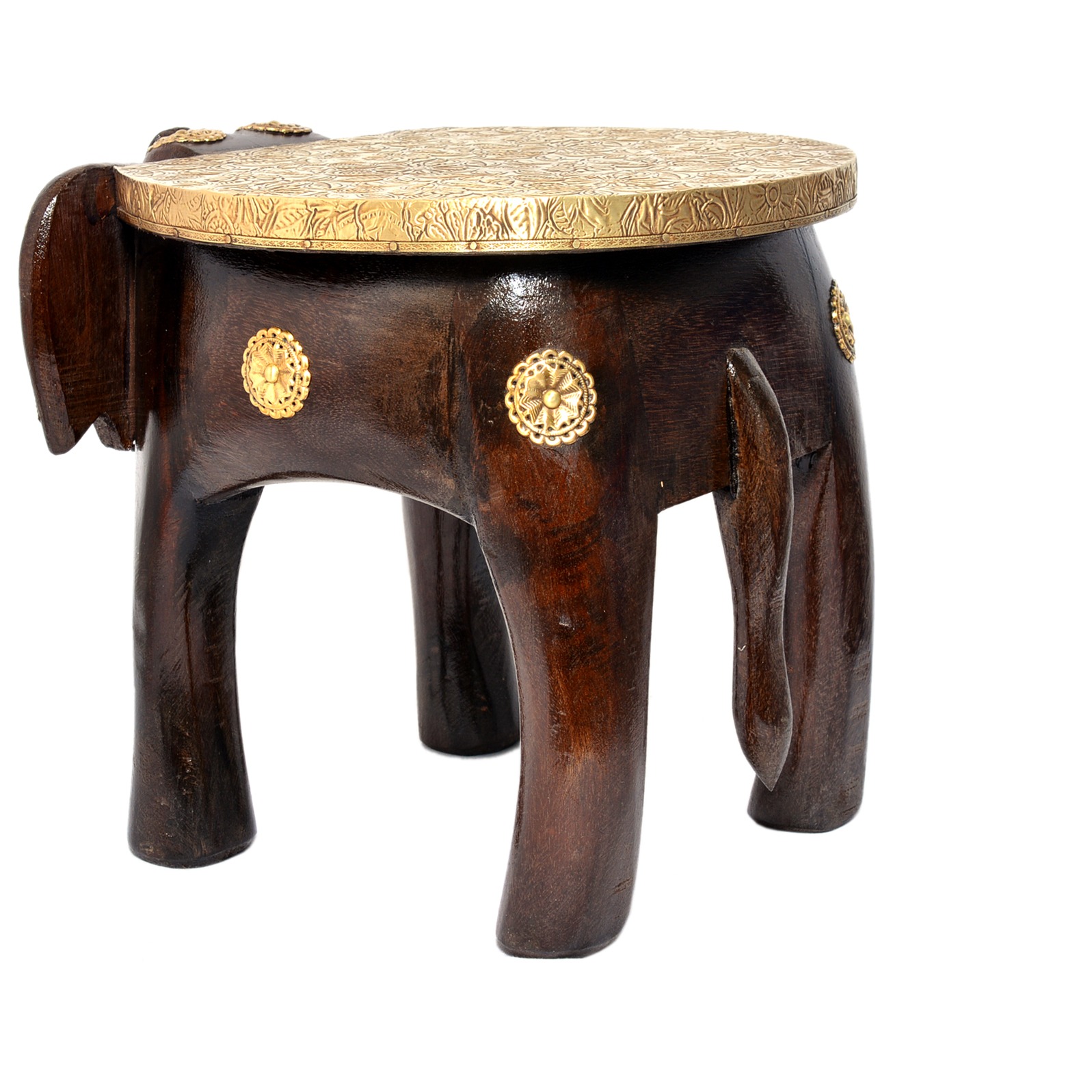 Brass-Fitted Elephant Design Sitting Stool - top_view