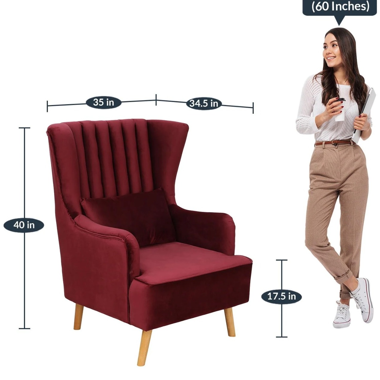 Iconic Velvet Wing Chair In Red Color - top_view