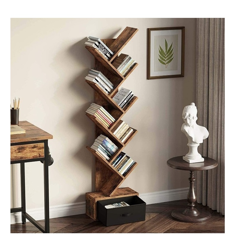 Rustic Brown 8 Shelf Tree Bookshelf With Drawer - front_view