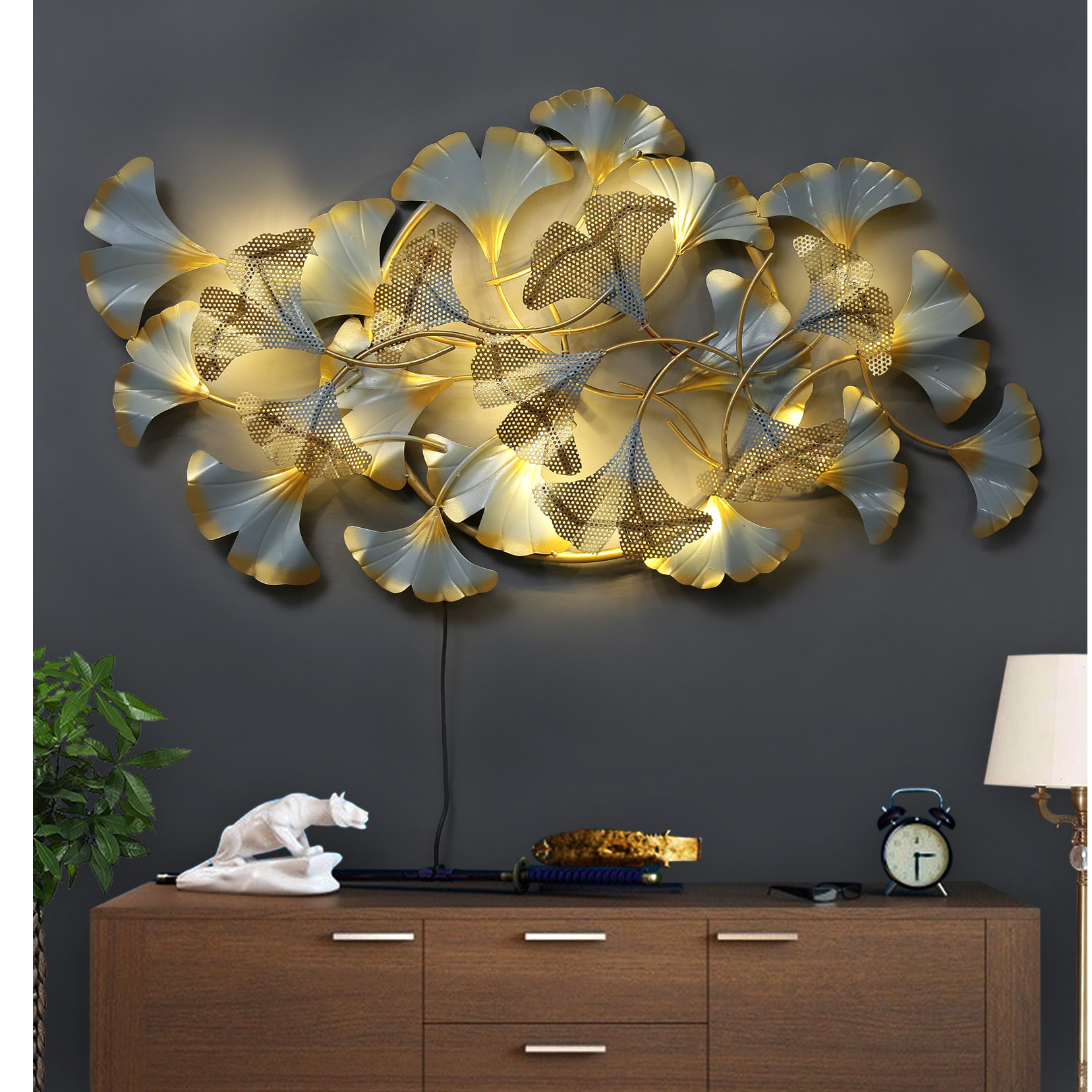 White Iron Jingo Leaf Metal Wall Art - front_view