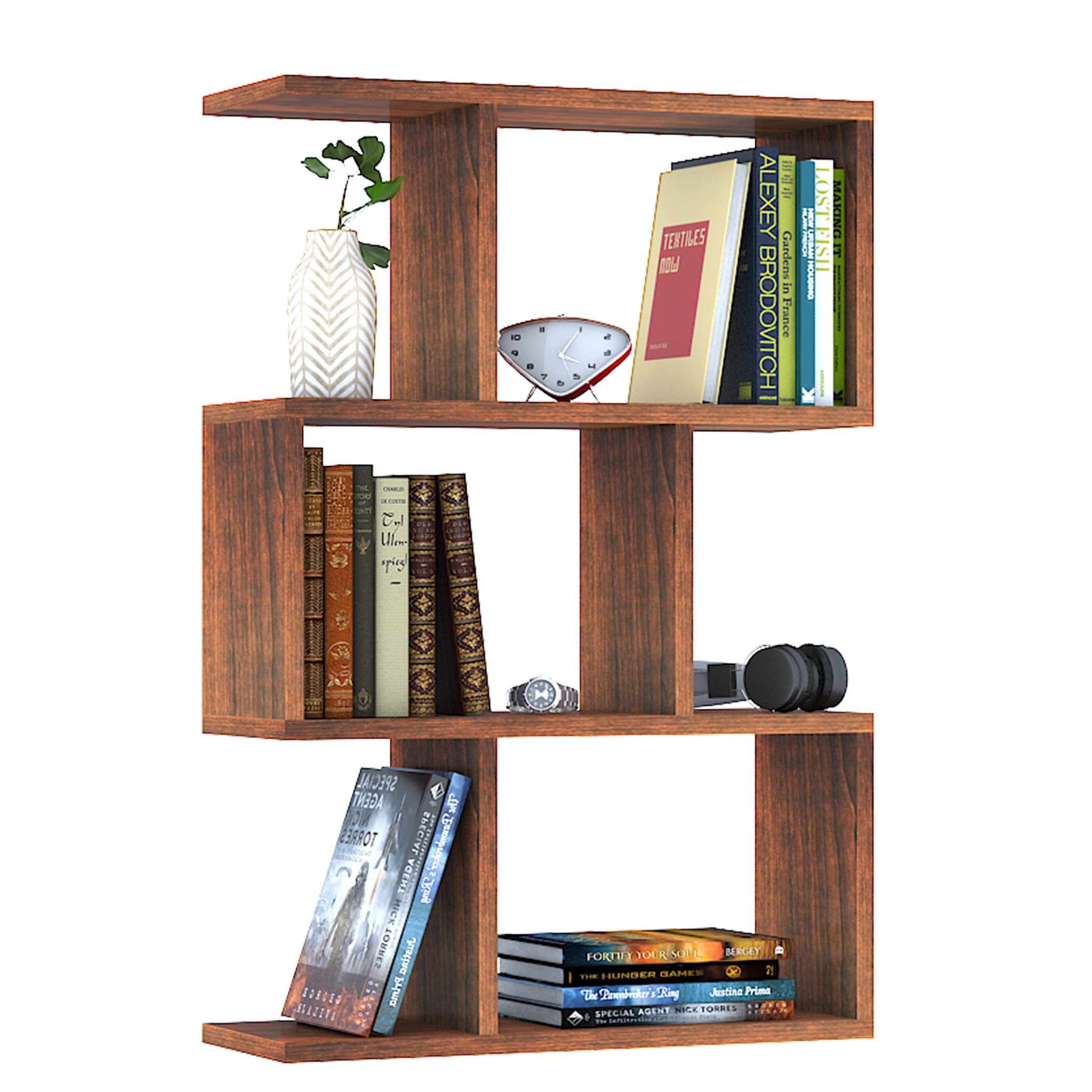 Omega Book Shelf/Wall Shelf and Storage Unit | Display Unit (Walnut, Set of 1) - front_view