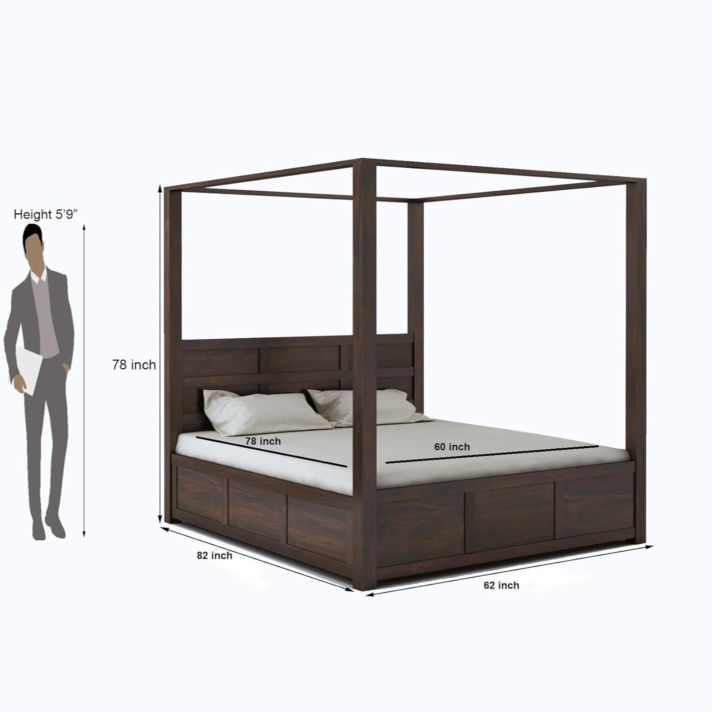 Trios Solid Sheesham Wood Queen Size Poster Bed with Storage - rear_view