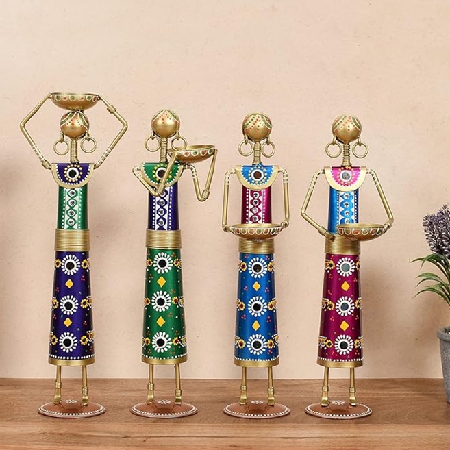 Tribal Lady Worker Statue Figurine Set of 4 Tea Light Candle Stand - top_view
