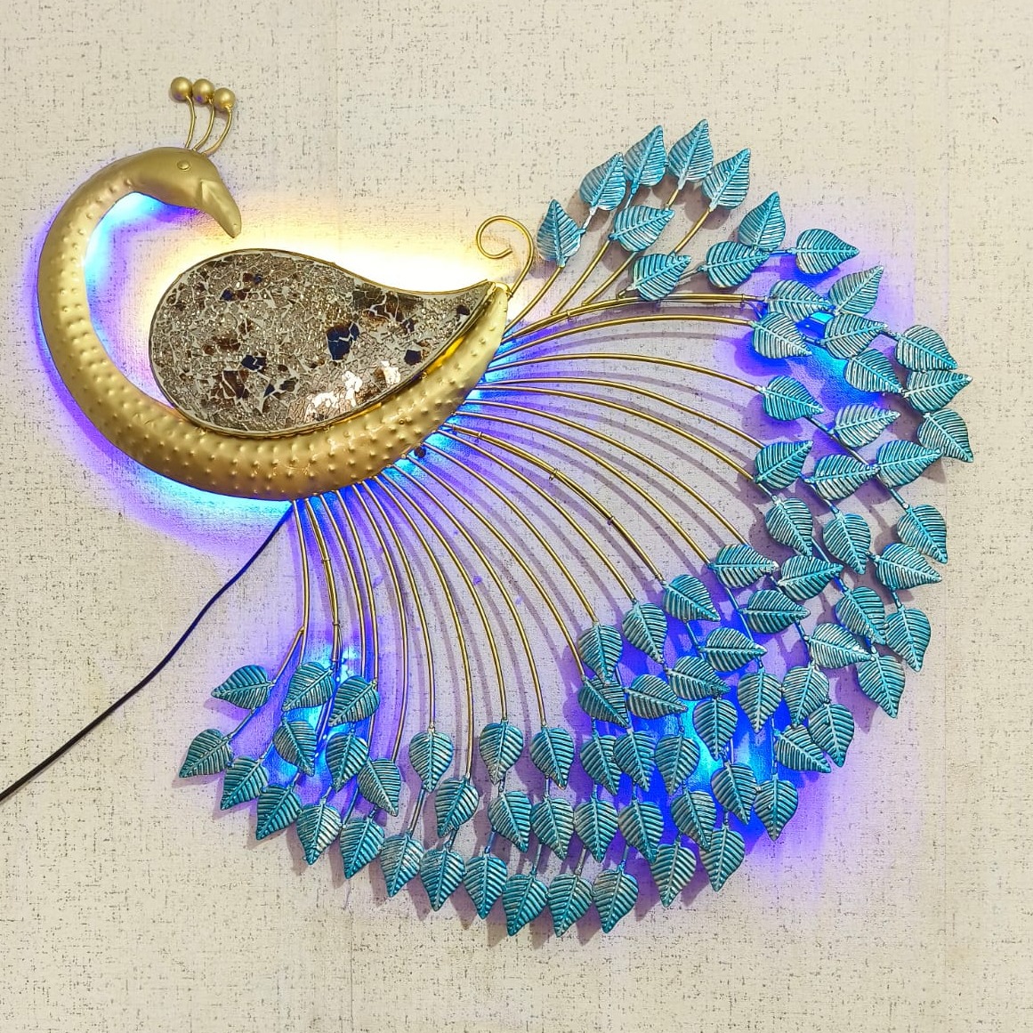 Hand Crafted Metal LED Peacock Hanging Wall Art - right_view