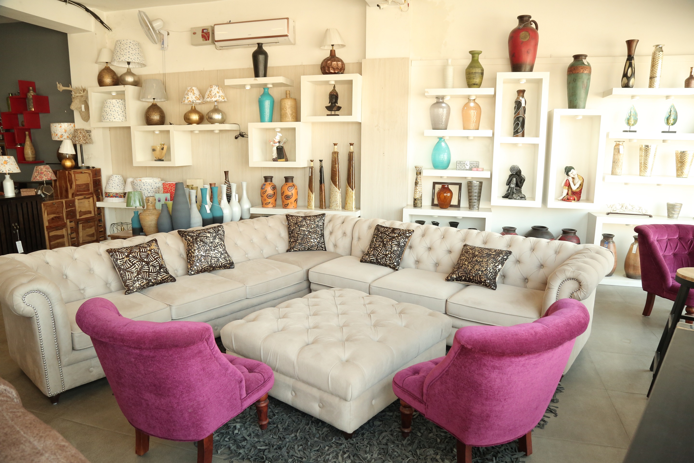 Dayton L Shape Chesterfield Beige Sofa - front_view