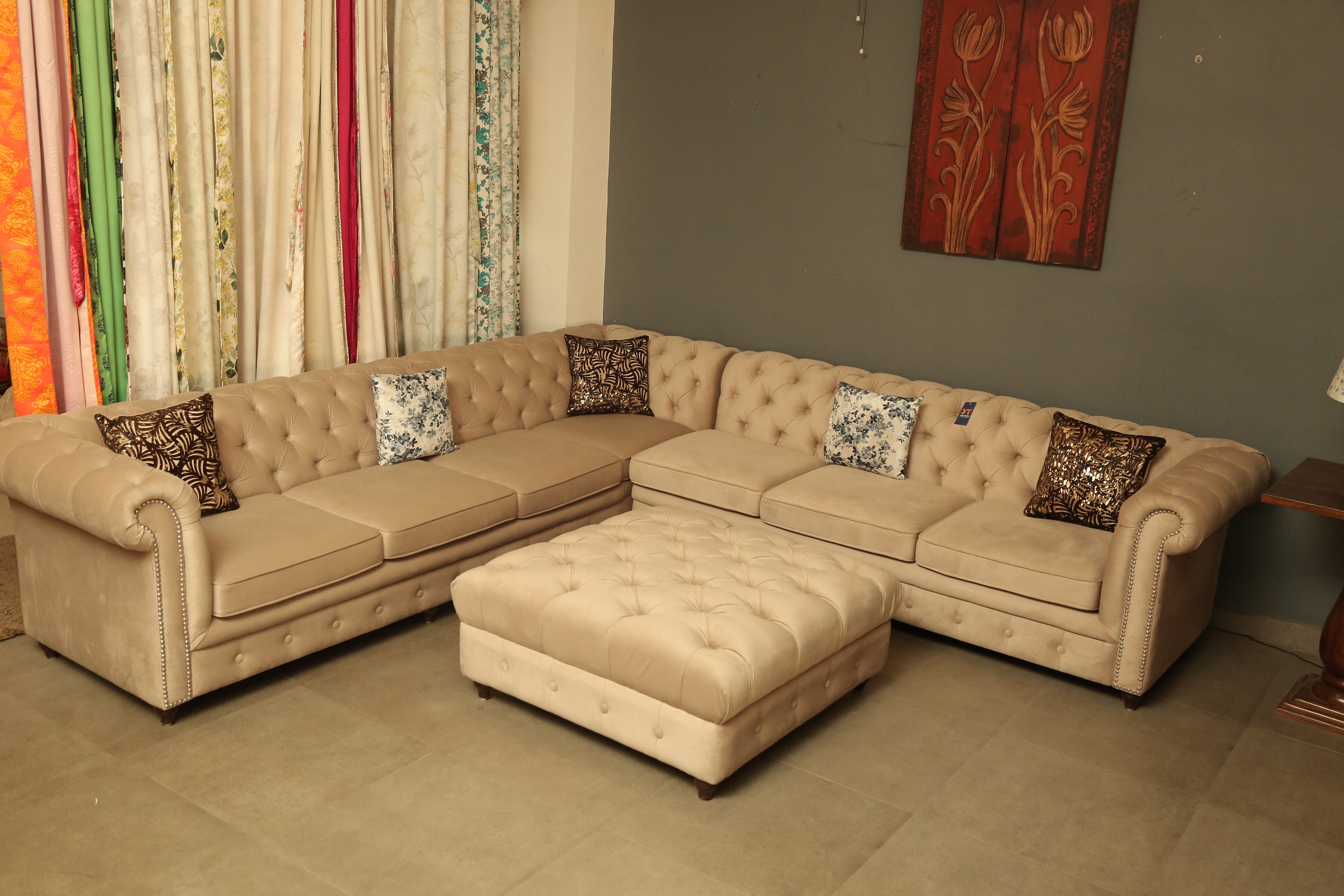 Dayton L Shape Chesterfield Beige Sofa - top_view
