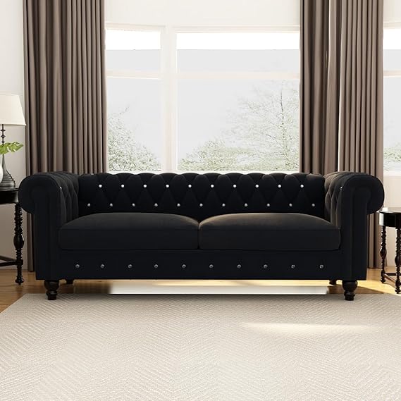 Daroo Velvet Fabric 3 Seater Sofa in Black Color - front_view