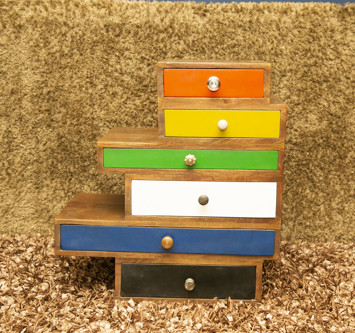 5 Drawer Wooden Side Table With Walnut Finish - front_view