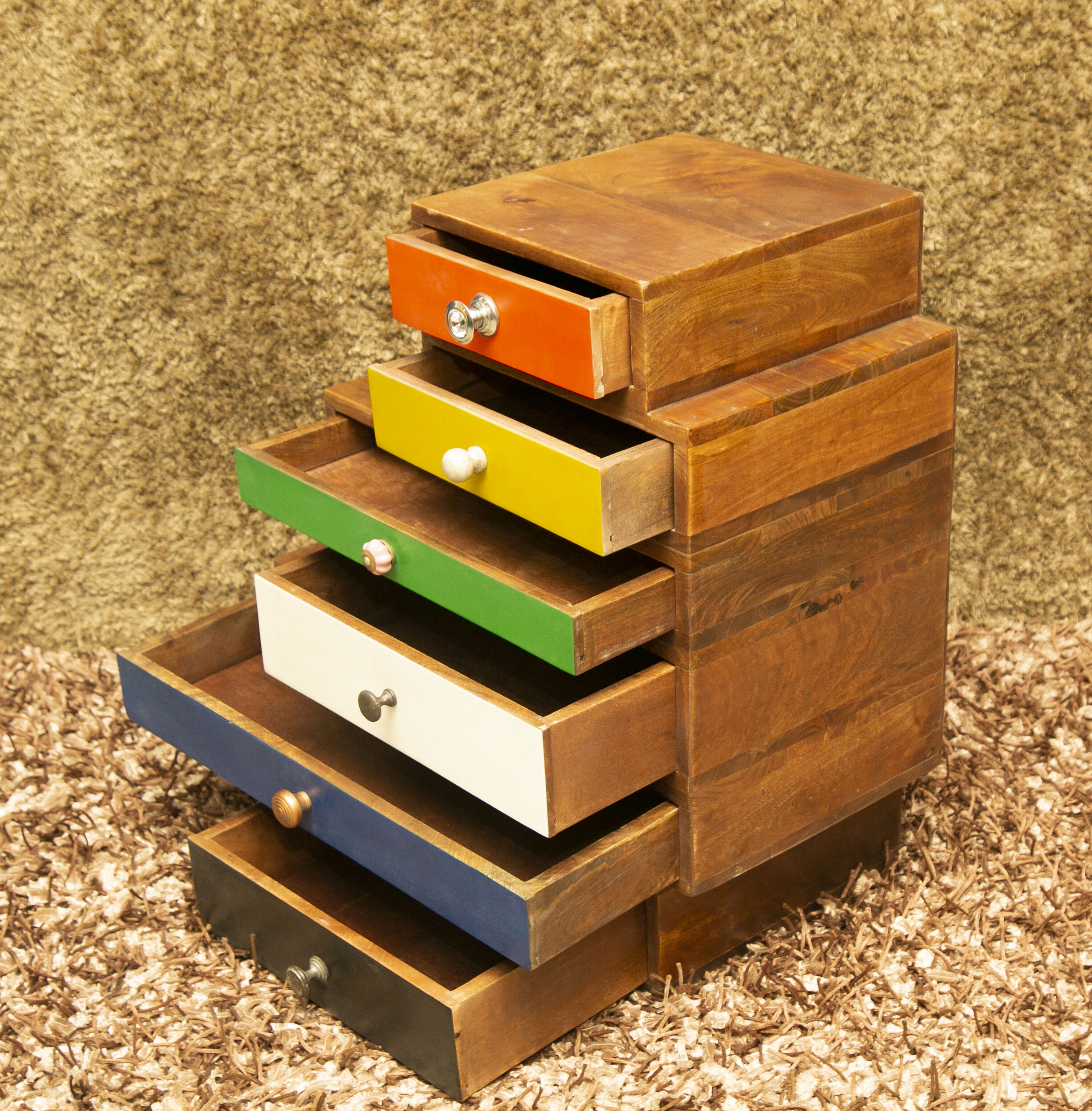 5 Drawer Wooden Side Table With Walnut Finish - rear_view