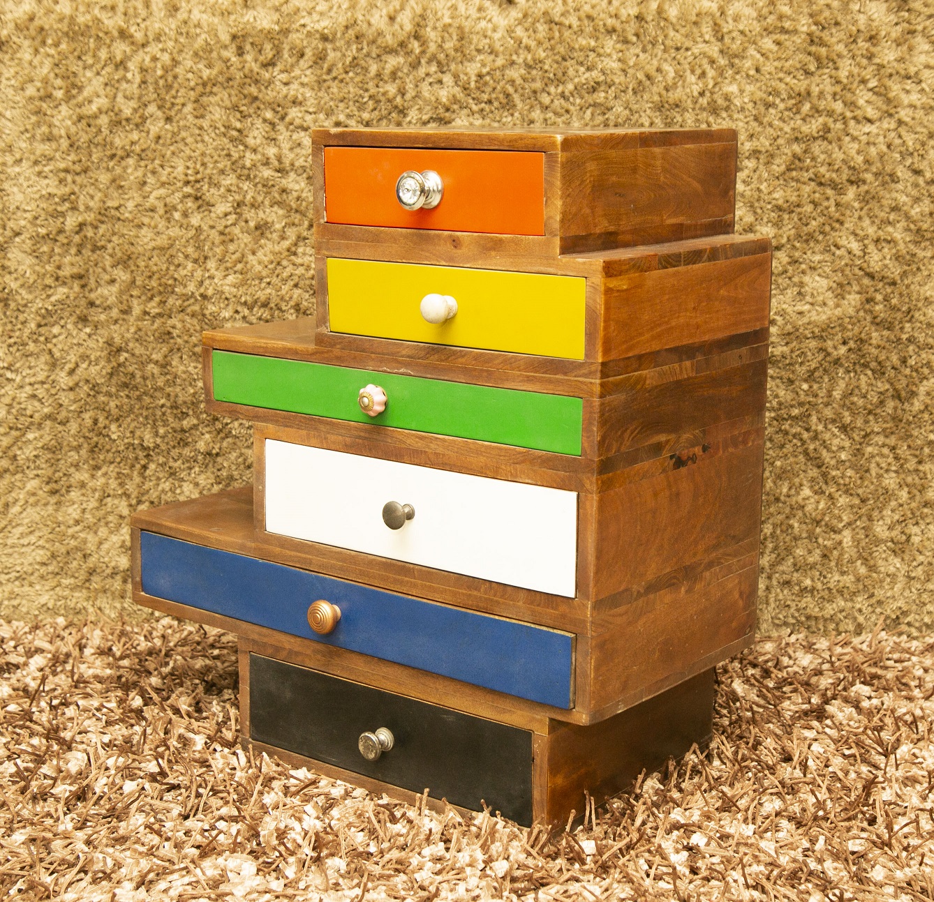 5 Drawer Wooden Side Table With Walnut Finish - left_view