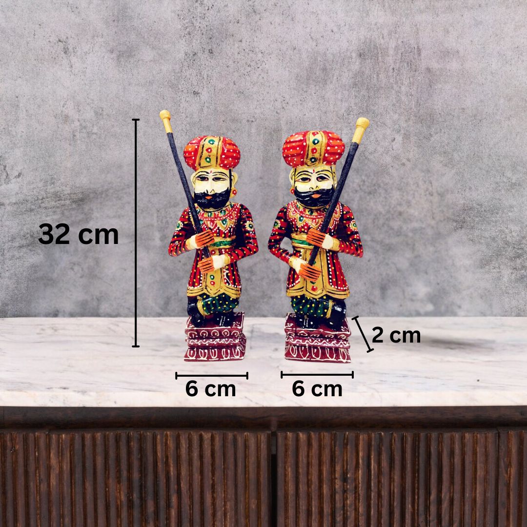 Pair of Rajasthani Handpainted Wooden Darban Statues - top_view