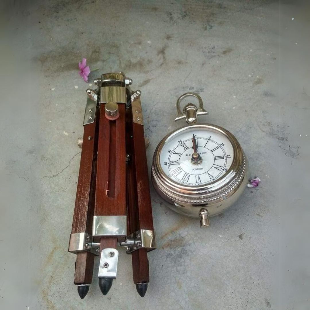 Adjustable Wooden Tripod Stand Desk Clock - front_view