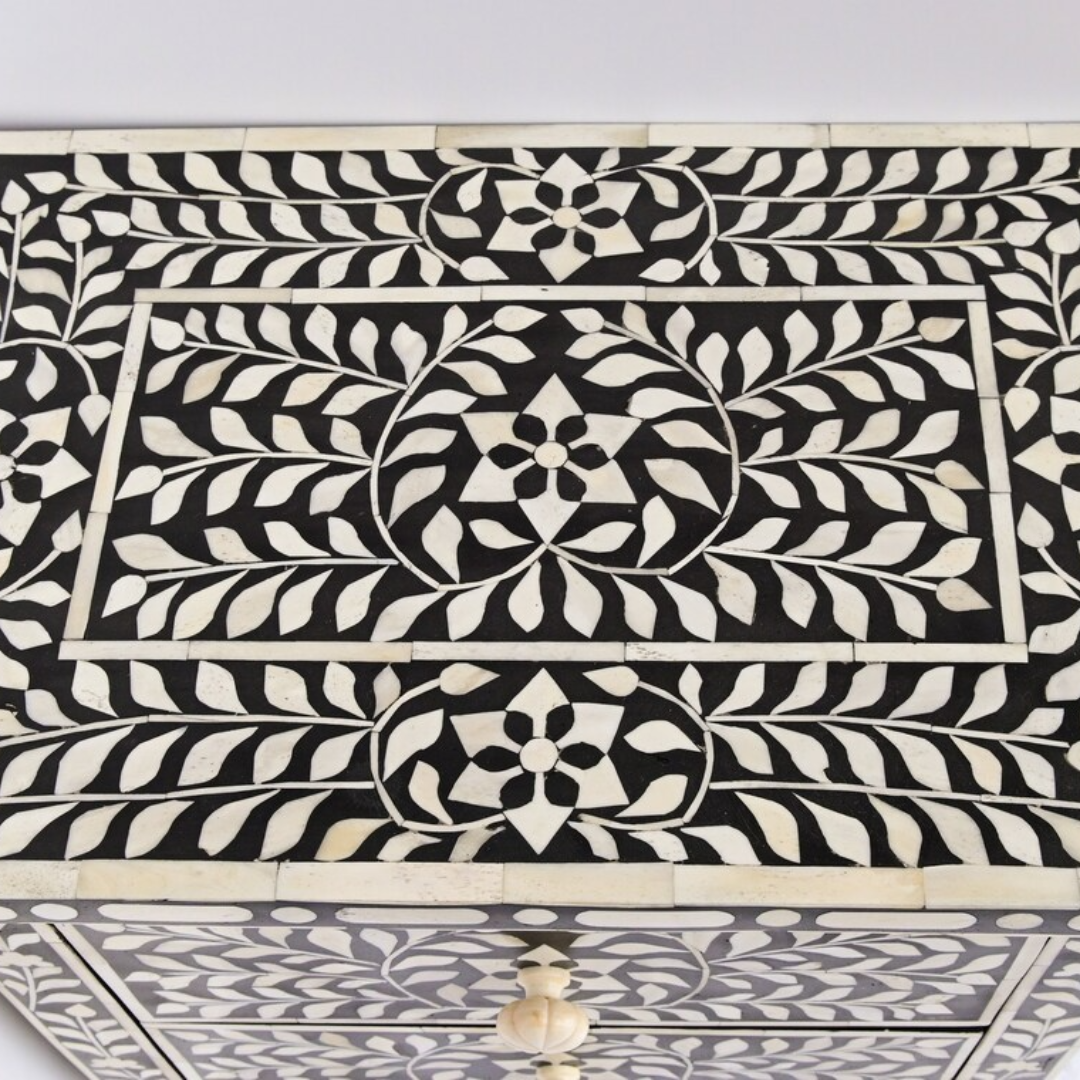 Bone Inlay 2 Drawers Floral Design Bedside Table - top_view