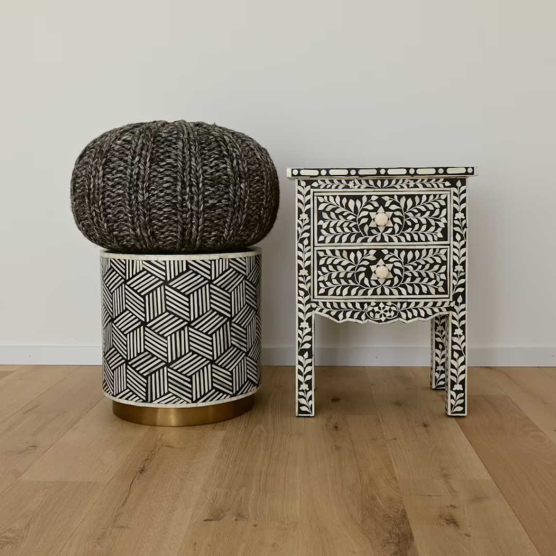 Bone Inlay 2 Drawers Floral Design Bedside Table - left_view