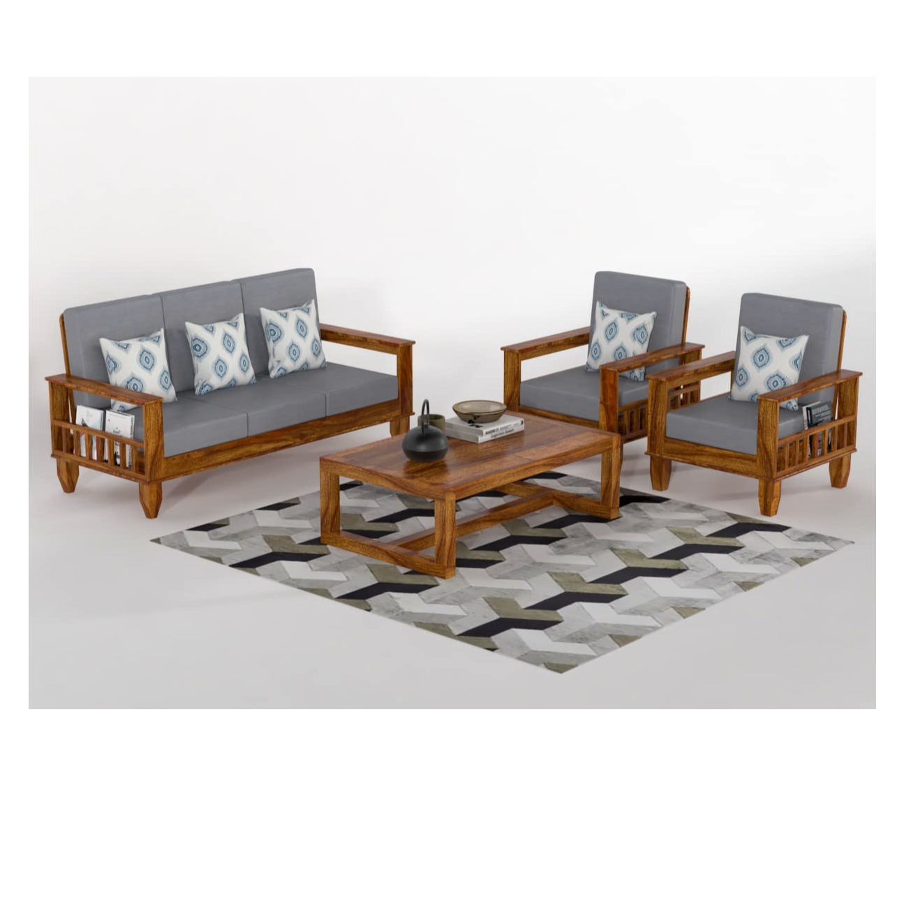 Neo Solid Sheesham Wood 5 Seater Sofa Set - front_view