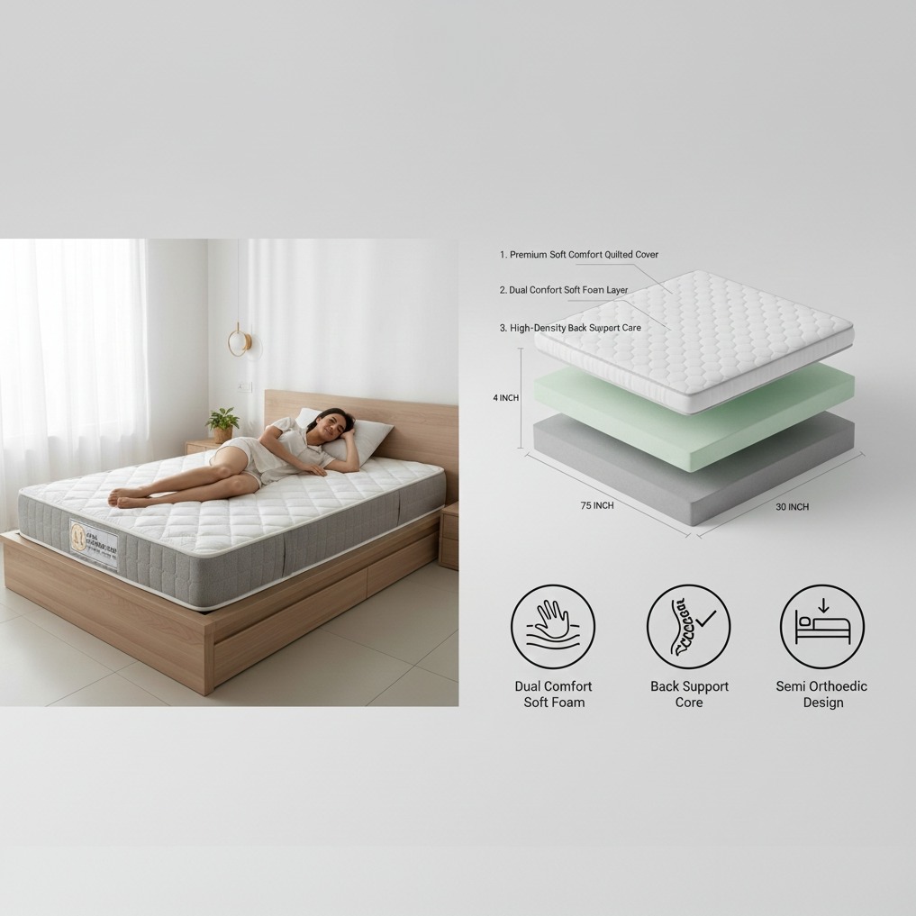 Semi Orthopedic Mattress | Softy Foam for Dual Comfort, Back Support & Pain Relief | Single Size (75x30x4 Inch), White - top_view