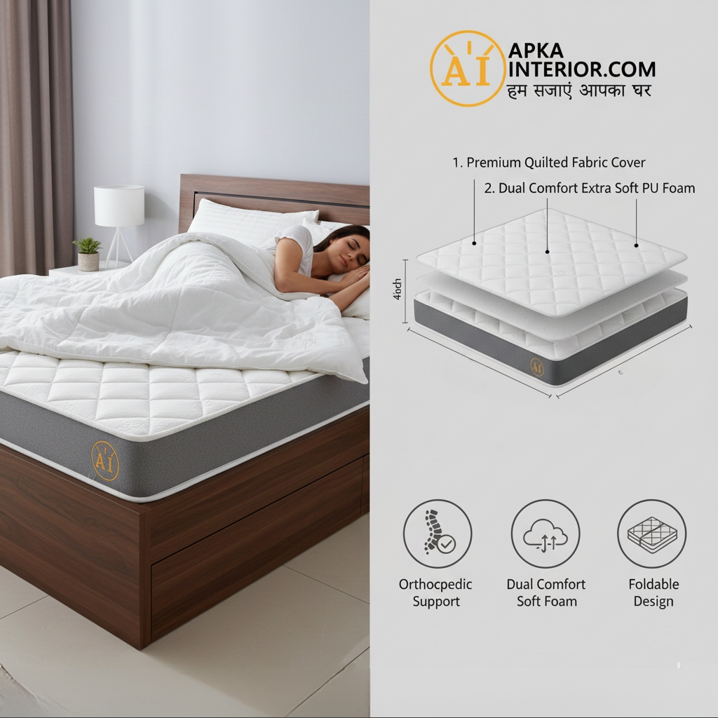 Queen Size 4-Inch Orthopaedic Foldable Mattress (72x60) | Dual Fold, Extra Comfort PU Foam Floor Bed for Guests & Travel - top_view