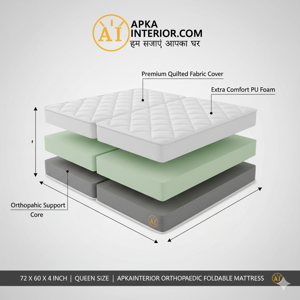 Queen Size 4-Inch Orthopaedic Foldable Mattress (72x60) | Dual Fold, Extra Comfort PU Foam Floor Bed for Guests & Travel - rear_view