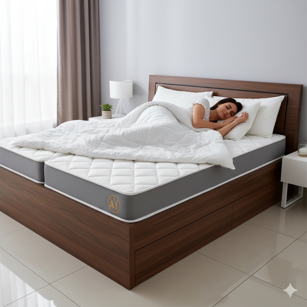 Queen Size 4-Inch Orthopaedic Foldable Mattress (72x60) | Dual Fold, Extra Comfort PU Foam Floor Bed for Guests & Travel - left_view