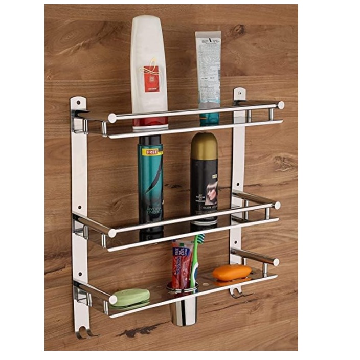 Stainless Steel 3 Tier Shelf and Rack with Double Soap Dish and Toothbrush Holder - rear_view