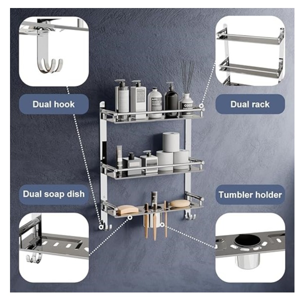 Stainless Steel 3 Tier Shelf and Rack with Double Soap Dish and Toothbrush Holder - left_view