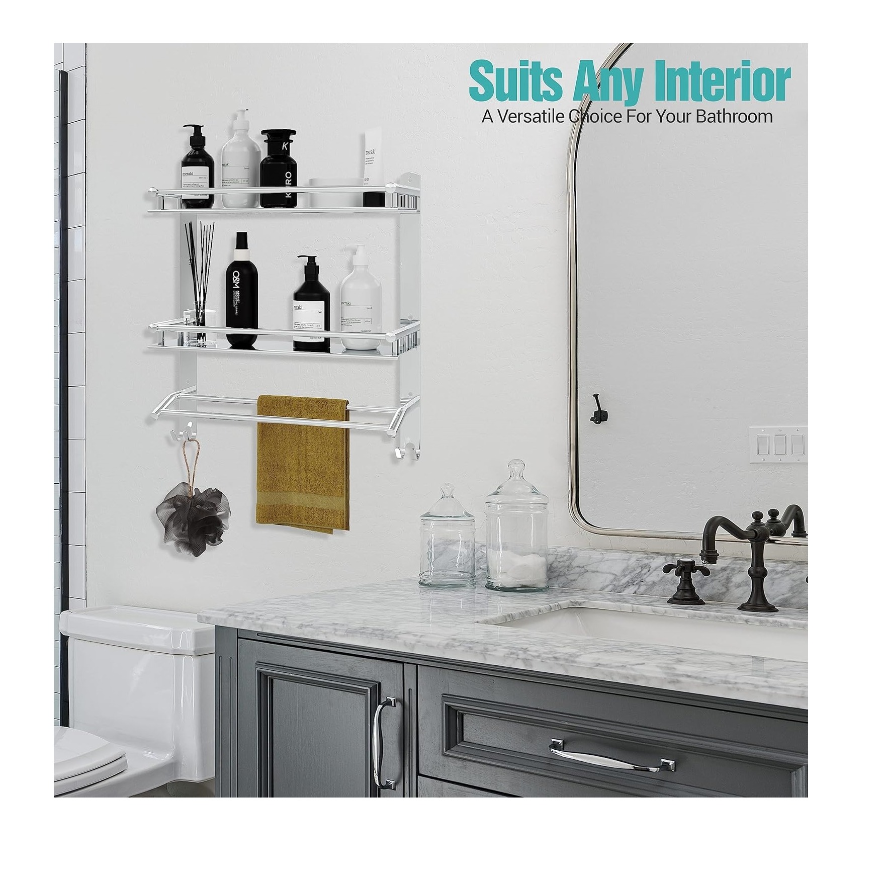 Stainless Steel Double Layer Shelf with Towel Rod (40×38×40Cm) - rear_view