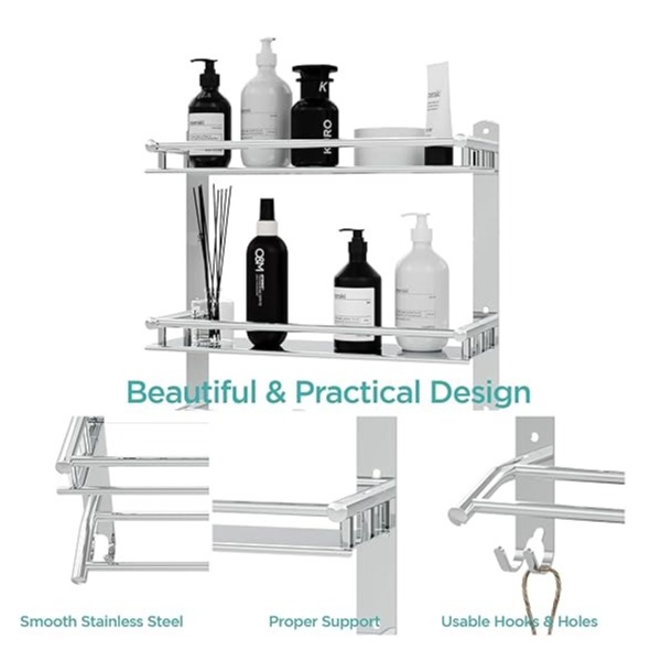 Stainless Steel Double Layer Shelf with Towel Rod (40×38×40Cm) - right_view