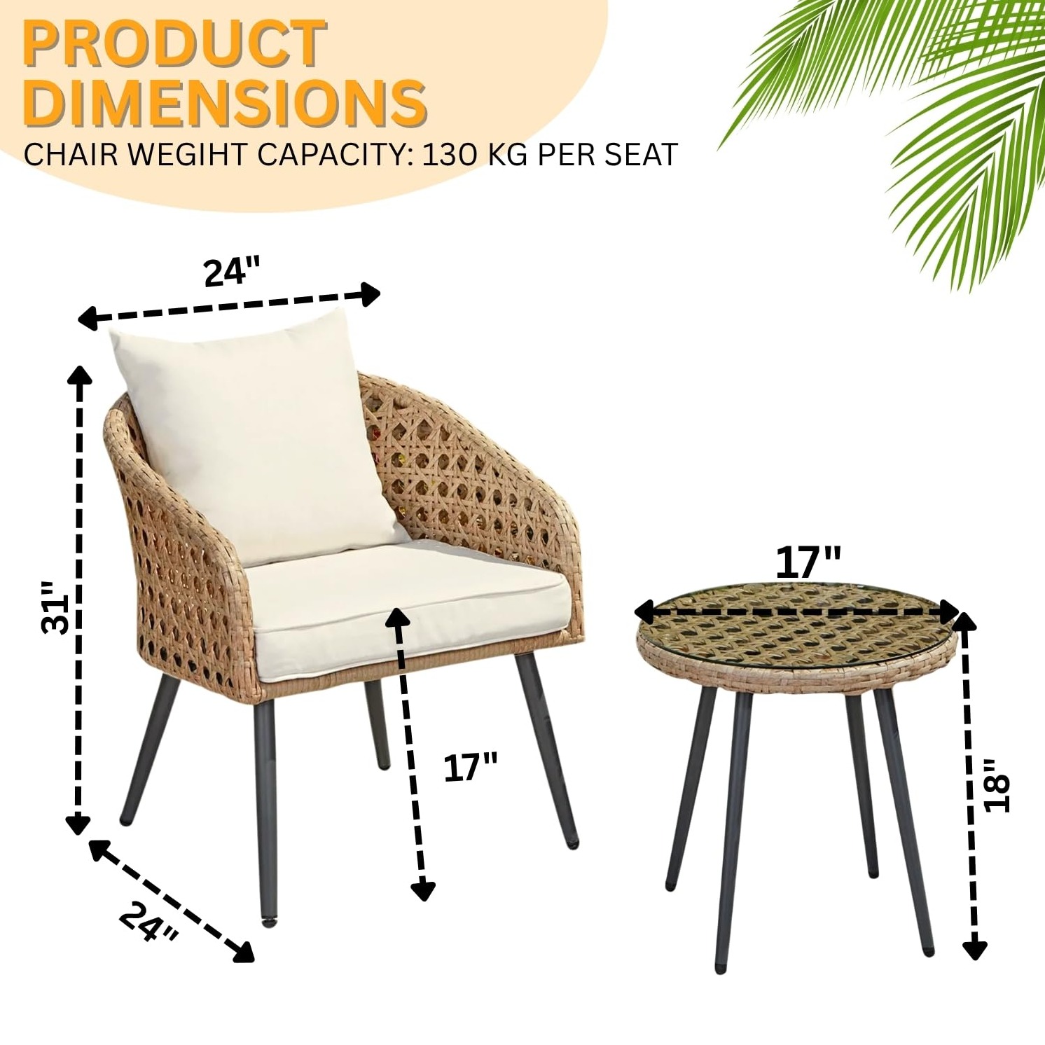 3 Pieces Porch Backyard Garden Outdoor Furniture Rattan Chairs With Cushions And Table Set (Beige And Off White), (24 X 24 X 31 Inch) - front_view