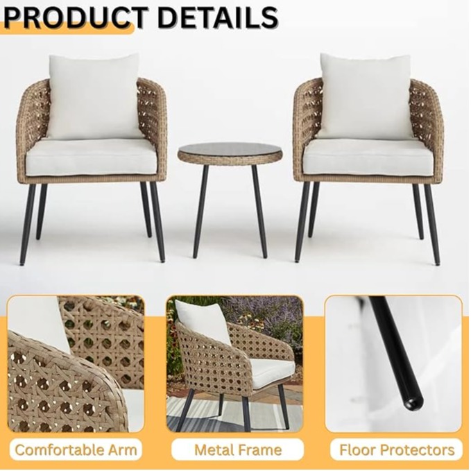 3 Pieces Porch Backyard Garden Outdoor Furniture Rattan Chairs With Cushions And Table Set (Beige And Off White), (24 X 24 X 31 Inch) - top_view