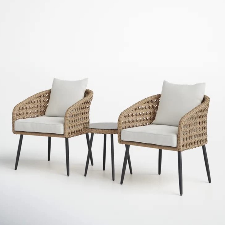 3 Pieces Porch Backyard Garden Outdoor Furniture Rattan Chairs With Cushions And Table Set (Beige And Off White), (24 X 24 X 31 Inch) - rear_view
