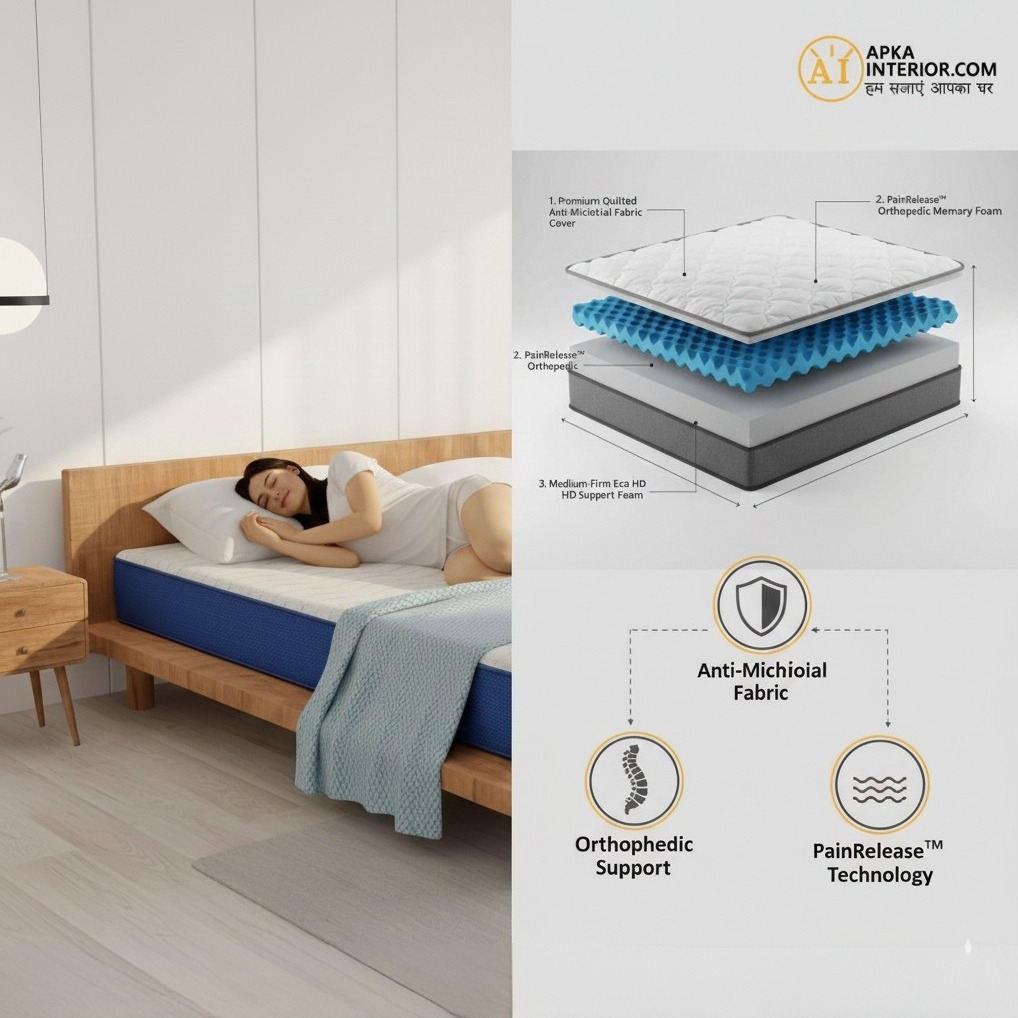 Queen Size Orthopedic Mattress (72x60x4 Inch) | Medium-Firm Feel, PainRelease Technology & Spine Support - rear_view