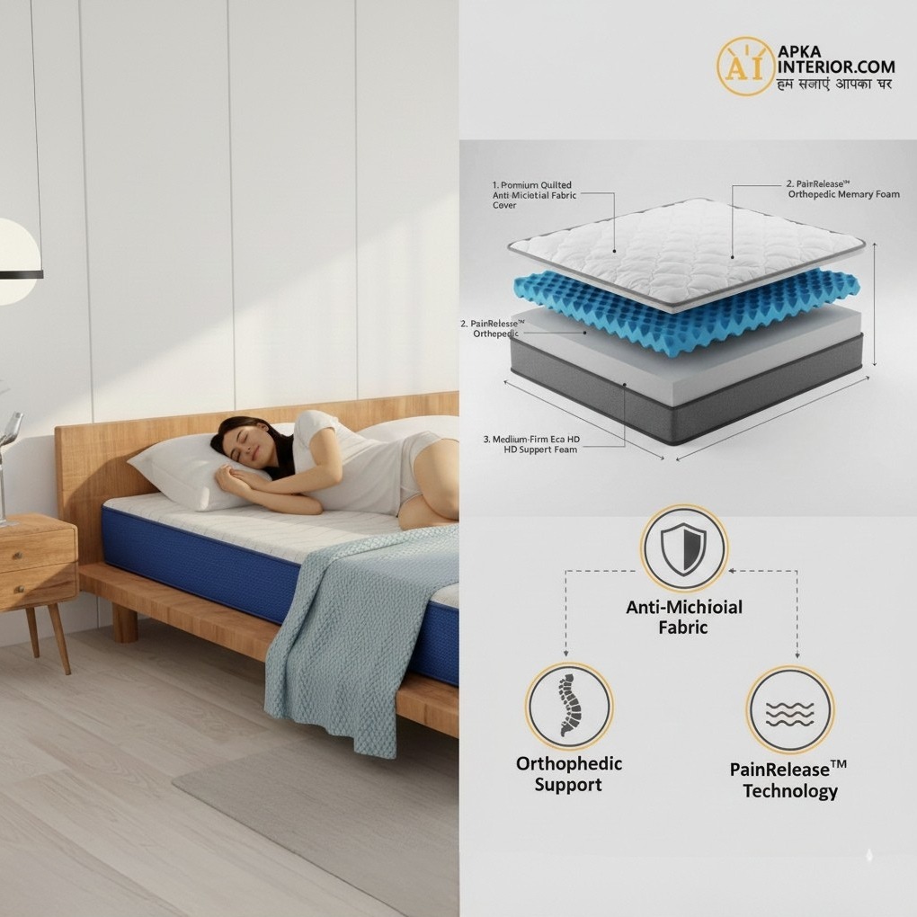 Queen Size Orthopedic Mattress (72x60x8 Inch) | Medium-Firm Feel, PainRelease Technology & Spine Support - top_view