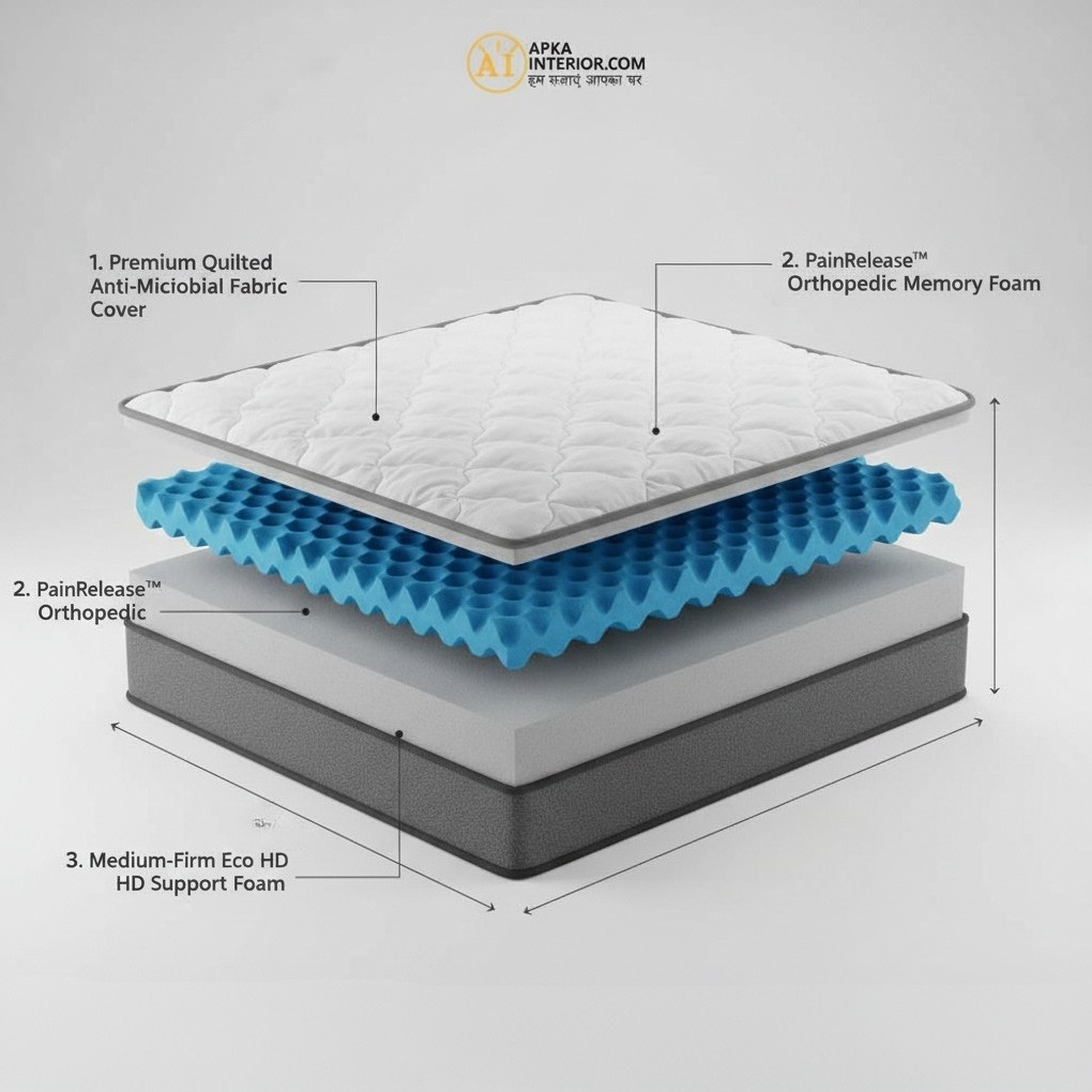Queen Size Orthopedic Mattress (72x60x8 Inch) | Medium-Firm Feel, PainRelease Technology & Spine Support - rear_view