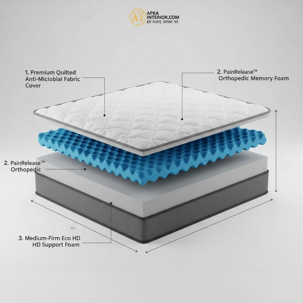 King Size Orthopedic Mattress (72x72x6 Inch) | Medium-Firm Feel, PainRelease Technology & Spine Support - rear_view