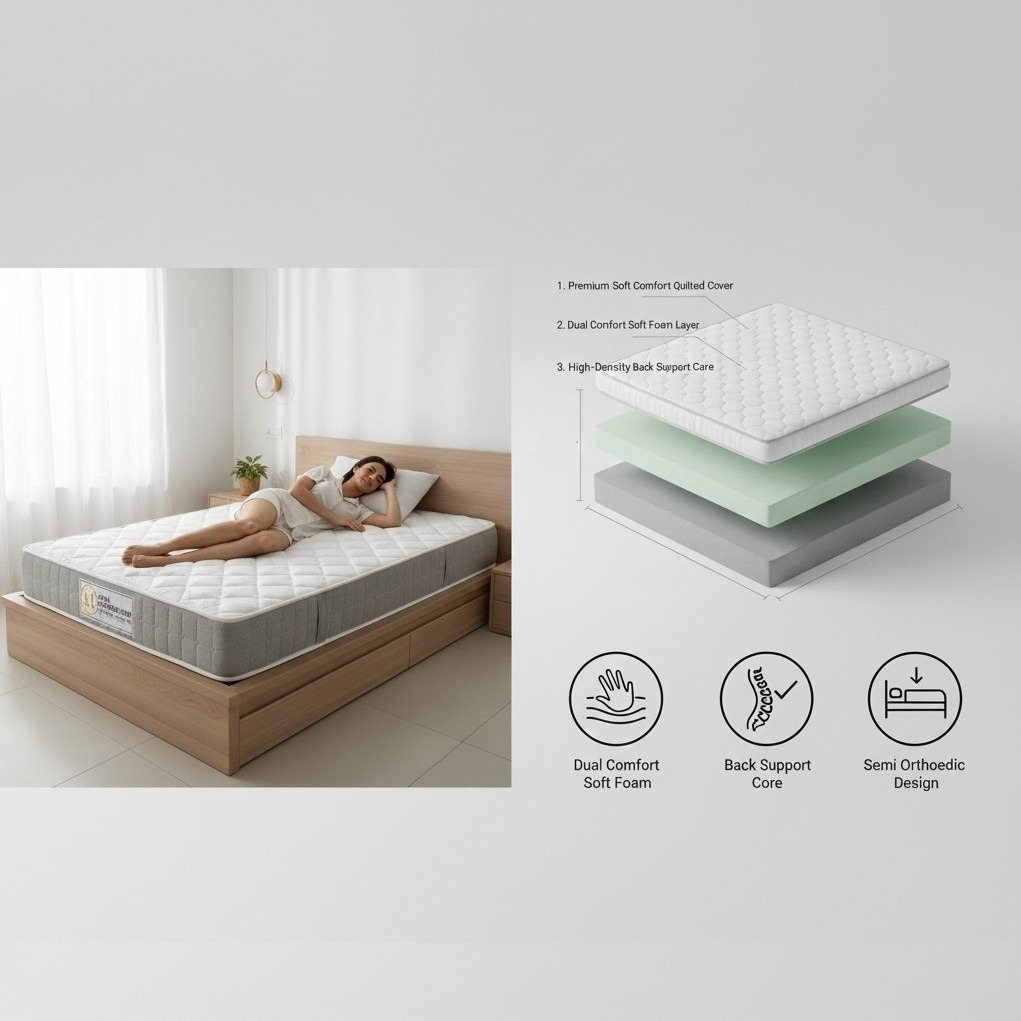 High Density Soft Bounce PU Foam Mattress (72x60x6) | Premium Comfort Queen Bed Mattress with Enhanced Support & Plush Feel - rear_view